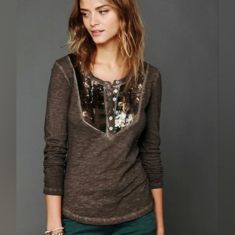 Free People Tiger's Eye Sequin Bib Long Sleeve Henley Shirt (S)